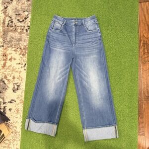Halara Jeans Womens Medium Blue High Rise Wide Leg Cuffed Crop Stretch Denim
